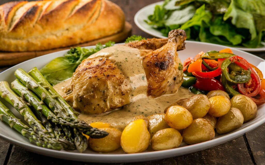 Plate of Creamy Tuscan Chicken served with garlic mashed potatoes, roasted broccoli, and a side salad.