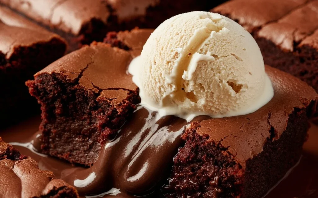 A close-up shot of a warm chocolate brownie topped with a scoop of creamy cottage cheese ice cream.