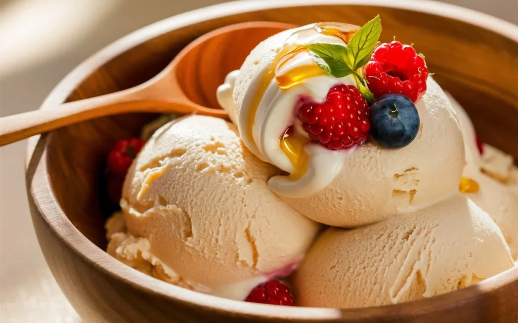 A split-screen image showing the process of blending cottage cheese ice cream ingredients, from rough ingredients to a smooth and creamy mixture.