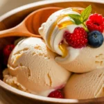 A split-screen image showing the process of blending cottage cheese ice cream ingredients, from rough ingredients to a smooth and creamy mixture.