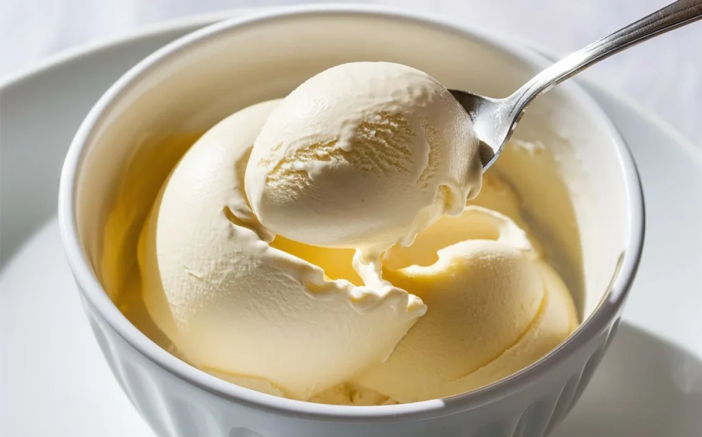 Spoon scooping smooth and creamy cottage cheese ice cream